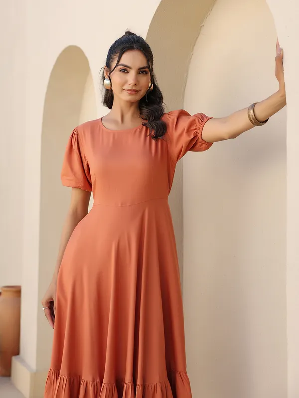 Beige_Cotton_Blend_Puff_Sleeve_Midi_Dress_For_Women