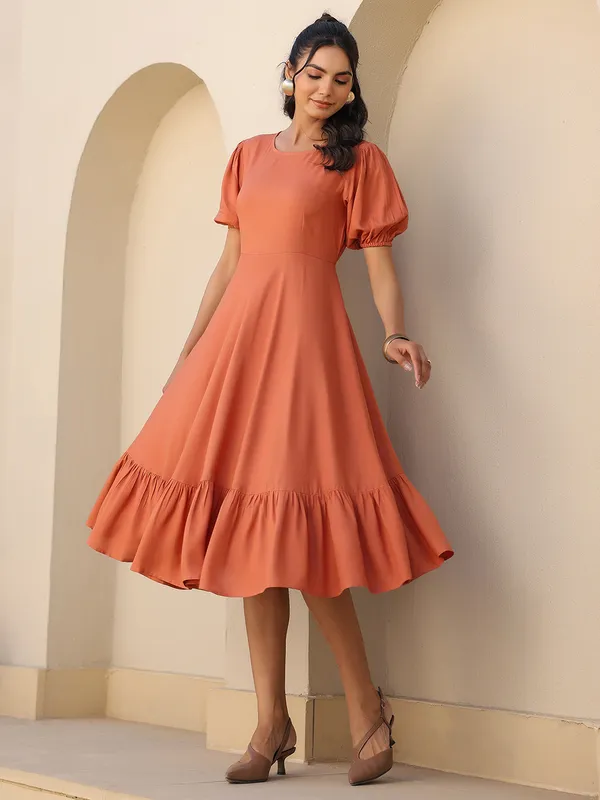Beige_Cotton_Blend_Puff_Sleeve_Midi_Dress_For_Women