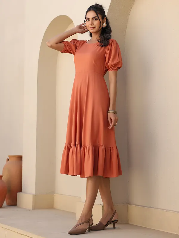 Beige_Cotton_Blend_Puff_Sleeve_Midi_Dress_For_Women