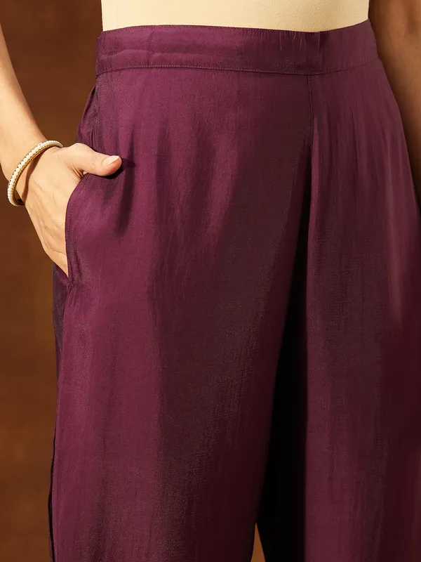 Wine_Chanderi_Silk_Embroidered_Straight_Kurta_Set_For_Women