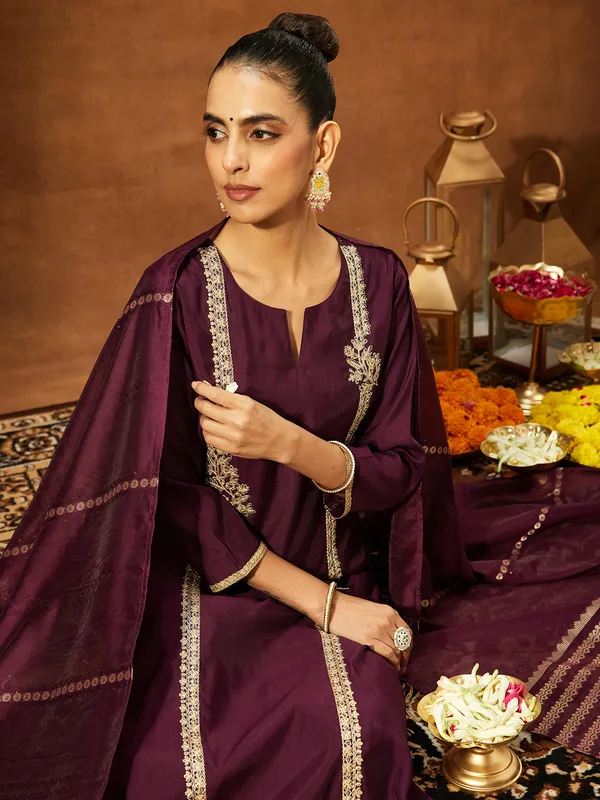Wine_Chanderi_Silk_Embroidered_Straight_Kurta_Set_For_Women
