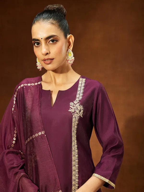 Wine_Chanderi_Silk_Embroidered_Straight_Kurta_Set_For_Women
