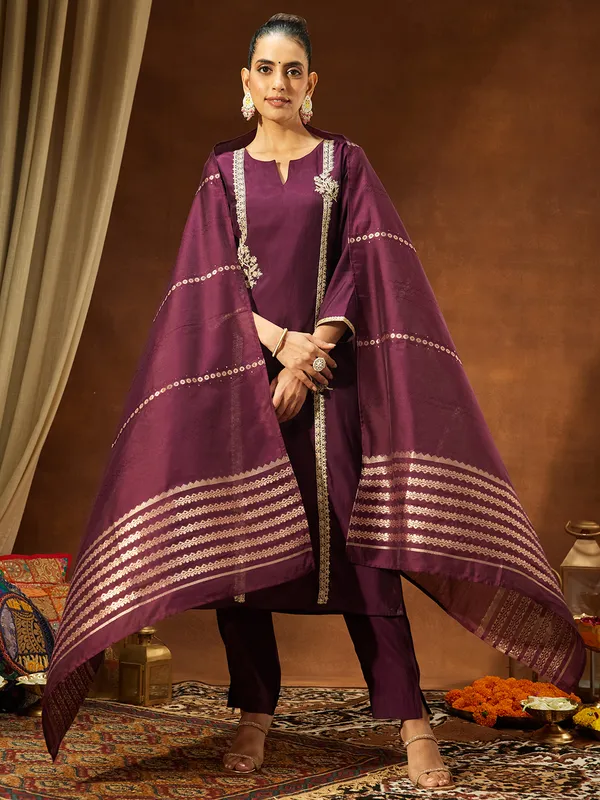 Wine_Chanderi_Silk_Embroidered_Straight_Kurta_Set_For_Women