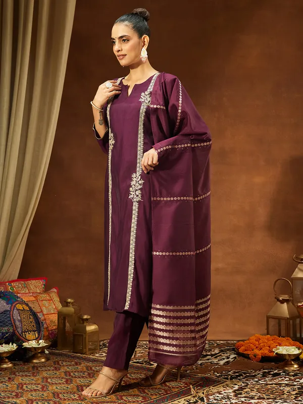Wine_Chanderi_Silk_Embroidered_Straight_Kurta_Set_For_Women