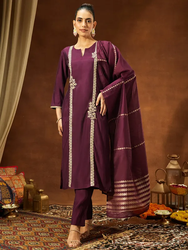 Wine_Chanderi_Silk_Embroidered_Straight_Kurta_Set_For_Women
