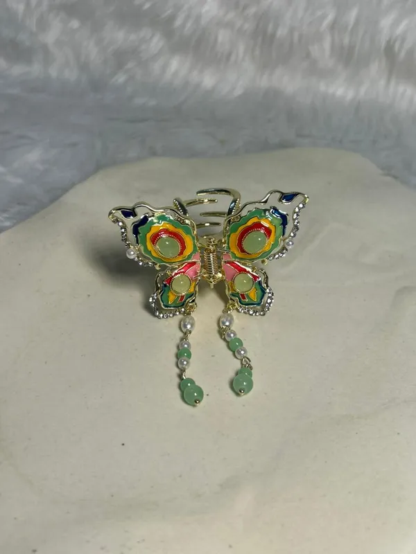 Multicolour_Colorful_Enamel_Butterfly_Hair_Clip_With_Dangling_Beads_Pack_Of_1