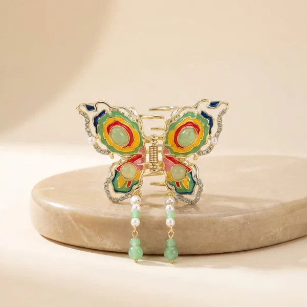 Multicolour_Colorful_Enamel_Butterfly_Hair_Clip_With_Dangling_Beads_Pack_Of_1