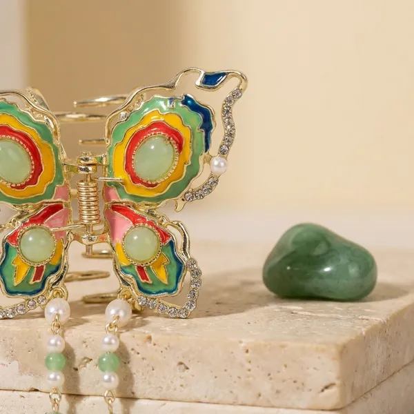 Multicolour_Colorful_Enamel_Butterfly_Hair_Clip_With_Dangling_Beads_Pack_Of_1