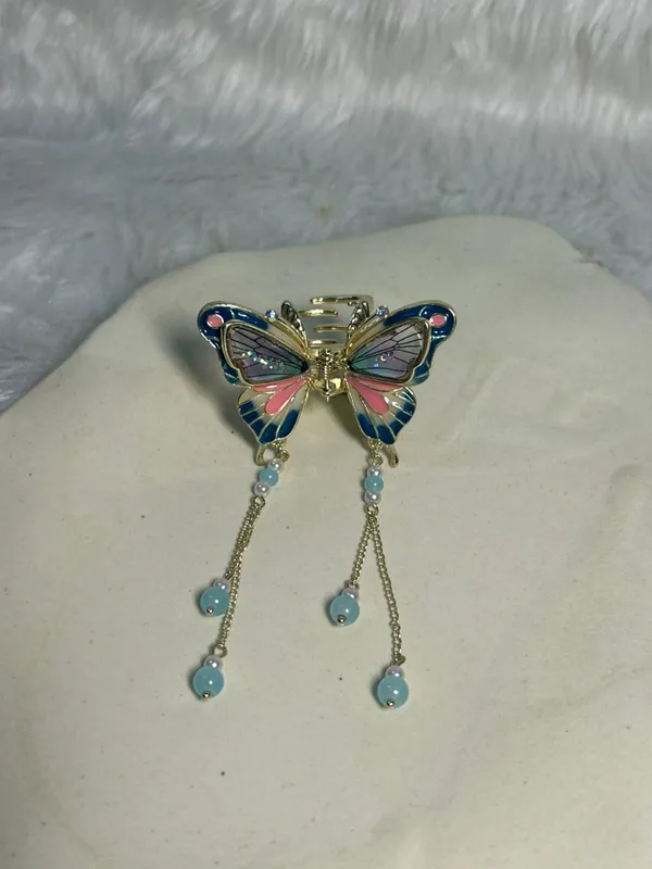 Multicolour_Elegant_Butterfly_Hair_Clip_With_Dangling_Blue_Beads_Pack_of_1