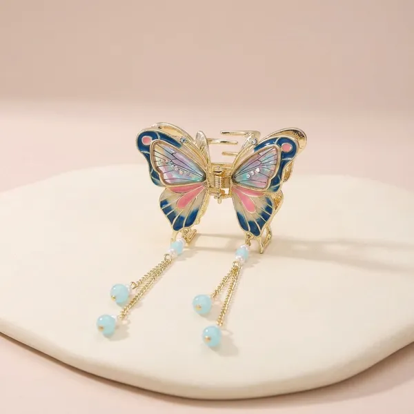 Multicolour_Elegant_Butterfly_Hair_Clip_With_Dangling_Blue_Beads_Pack_of_1