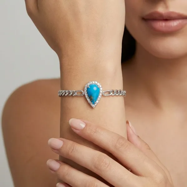 Turquoise_Stone_Teardrop_Bracelet_With_Crystal_Halo_Silver_Toned_Chain_Bracelet