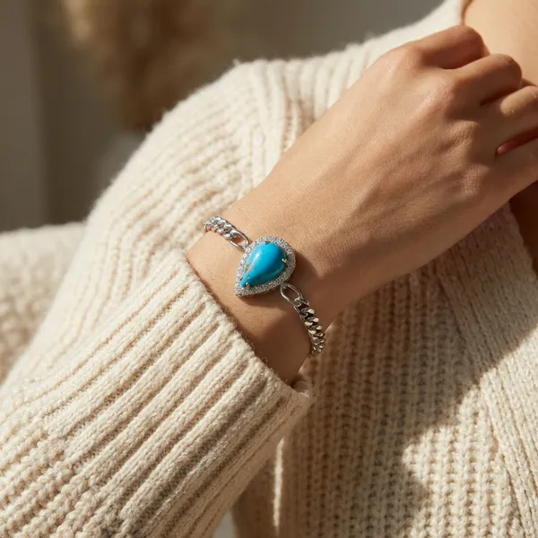 Turquoise_Stone_Teardrop_Bracelet_With_Crystal_Halo_Silver_Toned_Chain_Bracelet