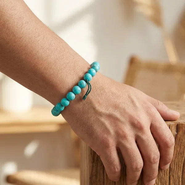Blue_Turquoise_Beaded_Bracelet_With_Adjustable_Green_Cord_For_Unisex