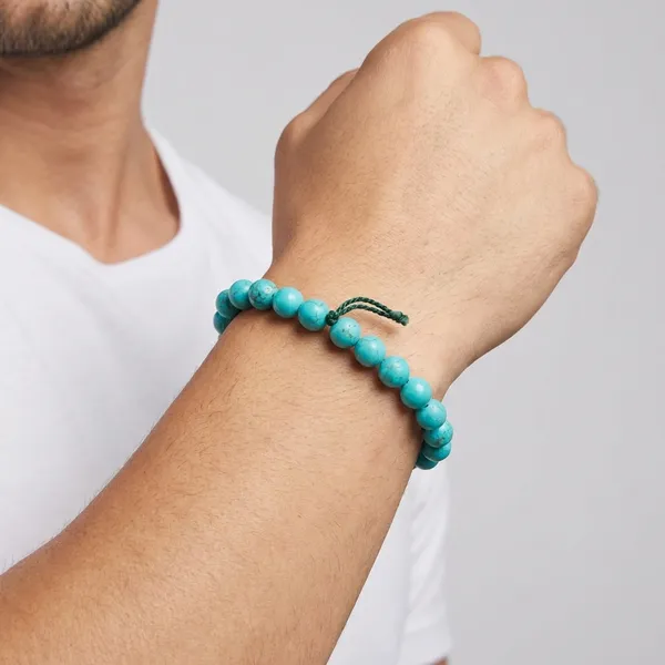 Blue_Turquoise_Beaded_Bracelet_With_Adjustable_Green_Cord_For_Unisex