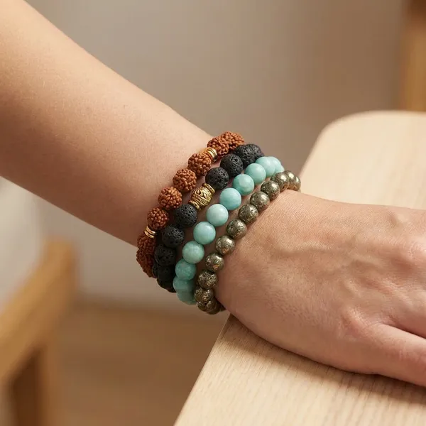 Multicolor_Healing_Crystal_Gemstone_Beaded_Bracelets_Set_Lava_Rudraksha_Amazonite_And_Pyrite_For_Unisex