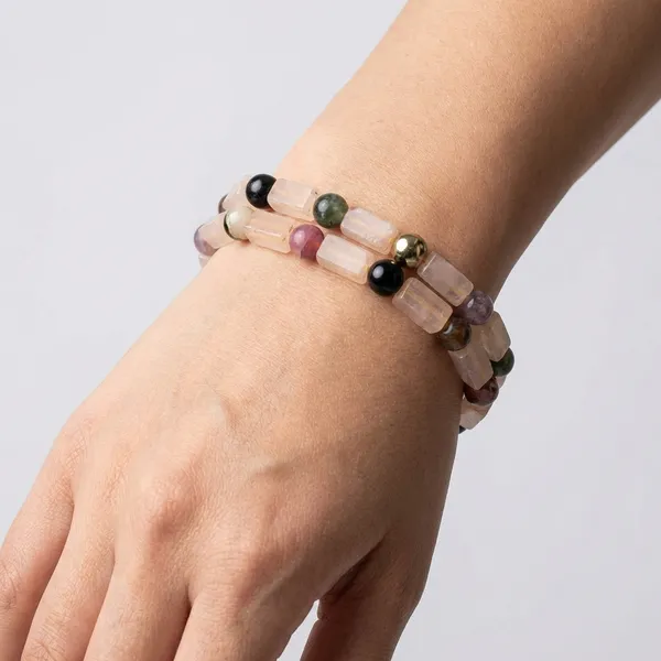 Brown_Natural_Rose_Quartz_With_Tuormaline_Mixed_Gemstone_Stretch_Bracelets_For_Unisex