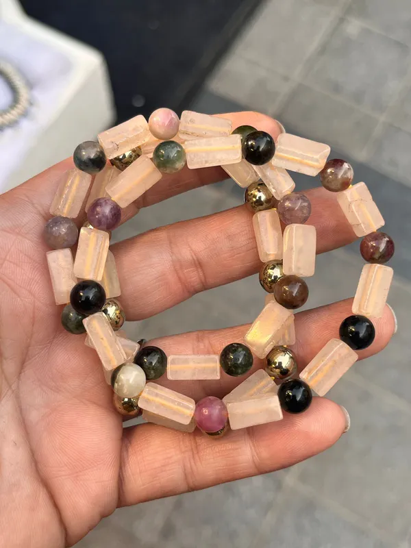 Brown_Natural_Rose_Quartz_With_Tuormaline_Mixed_Gemstone_Stretch_Bracelets_For_Unisex