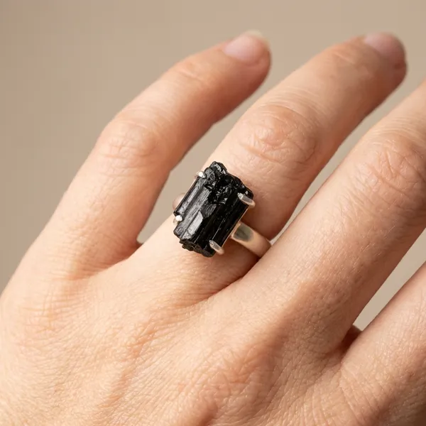 Raw_Black_Tourmaline_Crystal_Ring_Silver_Tone_Statement_Ring