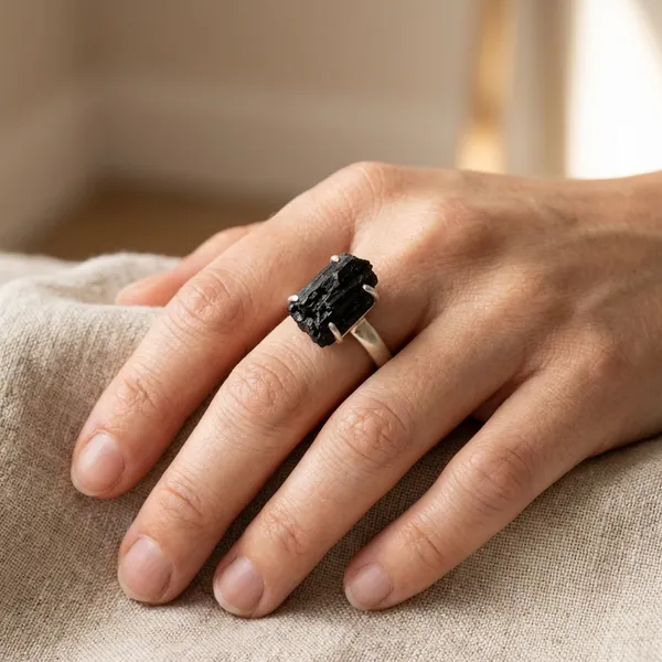 Raw_Black_Tourmaline_Crystal_Ring_Silver_Tone_Statement_Ring