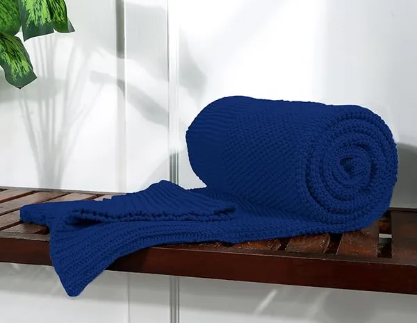 RAMDA_Knitted_Cotton_Throw_Blanket_–_Multipurpose_Lightweight,_Breathable_&_Cozy_Throws_for_Sofa_or_Bed_(Cotton)_(50x60_Inches)_(Dark_Blue)