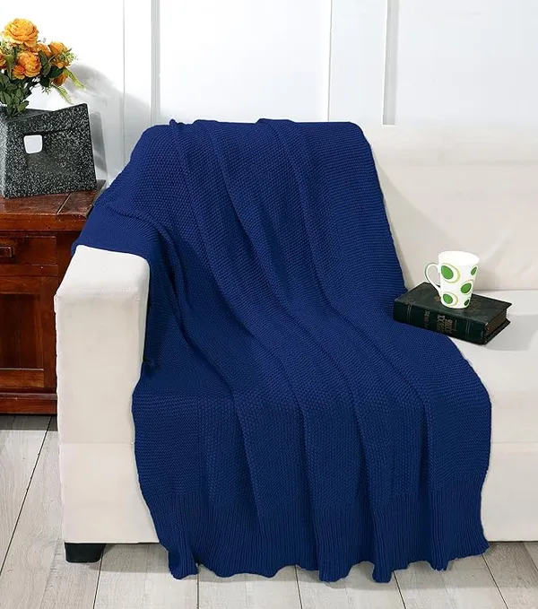 RAMDA_Knitted_Cotton_Throw_Blanket_–_Multipurpose_Lightweight,_Breathable_&_Cozy_Throws_for_Sofa_or_Bed_(Cotton)_(50x60_Inches)_(Dark_Blue)