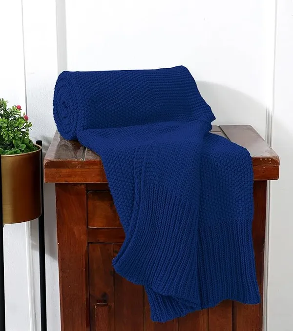 RAMDA_Knitted_Cotton_Throw_Blanket_–_Multipurpose_Lightweight,_Breathable_&_Cozy_Throws_for_Sofa_or_Bed_(Cotton)_(50x60_Inches)_(Dark_Blue)