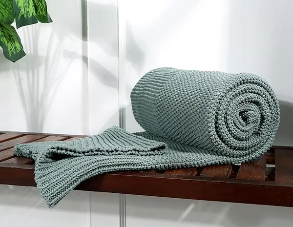RAMDA_Knitted_Cotton_Throw_Blanket_–_Multipurpose_Lightweight,_Breathable_&_Cozy_Throws_for_Sofa_or_Bed_(Cotton)_(50x60_Inches)_(Green)