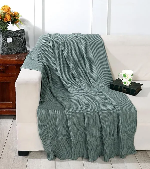 RAMDA_Knitted_Cotton_Throw_Blanket_–_Multipurpose_Lightweight,_Breathable_&_Cozy_Throws_for_Sofa_or_Bed_(Cotton)_(50x60_Inches)_(Green)