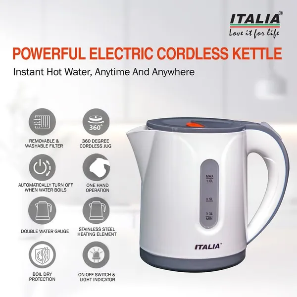 ITALIA_1_Litre_1000W_Electric_Kettle_|_Cool_Touch_Body,_Auto_Shut-Off_&_Boil-Dry_Protection_|_Cordless_Jug_for_Tea_&_Coffee_|_Water_Boiler