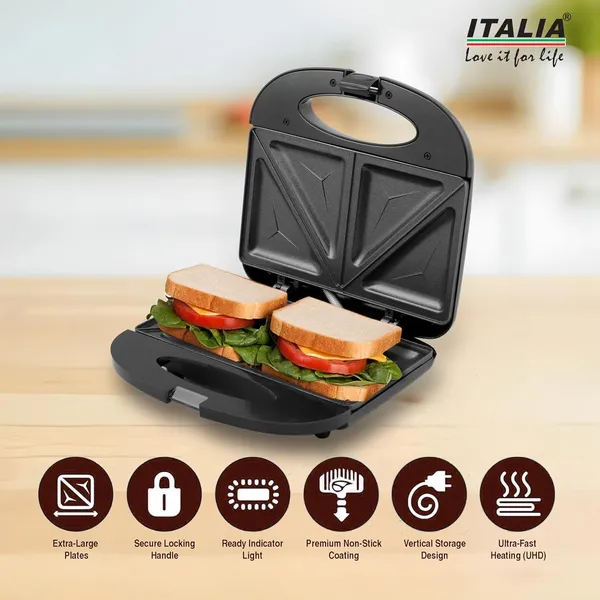 ITALIA_Premium_750W_Electric_Sandwich_Maker_|_Non-Stick_2-Slice_Triangle_Toaster_|_Compact_Breakfast_Press_with_Cool_Touch_Handle,_Indicator_Lights_&_Lock_|_Vertical_Storage_|_1-Year_Warranty