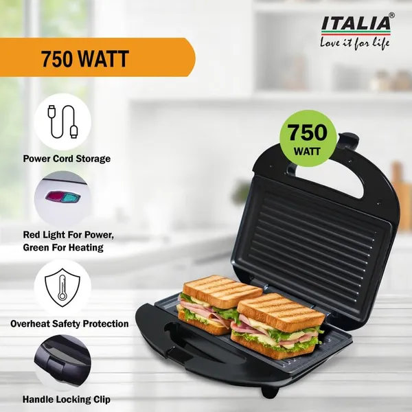 ITALIA_750W_Grill_Sandwich_Maker_&_Panini_Press_|_Non-Stick_Plates_for_Easy_Cleaning_|_Compact_Design_with_Handle_Lock_&_Cord_Storage_|_Overheat_Protection