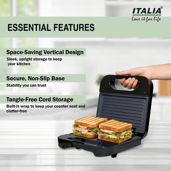 ITALIA_800W_Grill_Sandwich_Maker_|_Stainless_Steel_Body_&_Non-Stick_Plates_|_Panini_Press_with_Lock_|_Compact_Vertical_Storage_&_Cord_Wrap