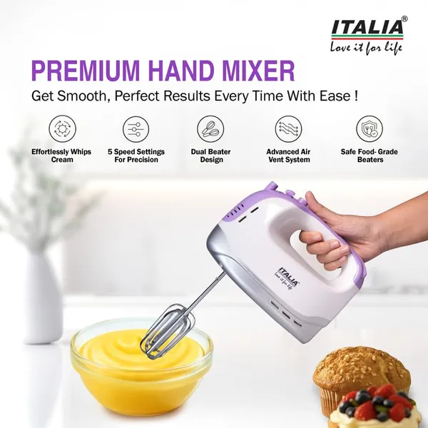 ITALIA_200W_Electric_Hand_Mixer_|_5_Speed_Control_&_Turbo_Button_|_with_2_Beaters_&_2_Dough_Hooks_|_for_Cake_Mixing,_Cream_Beating_&_Dough_Kneading