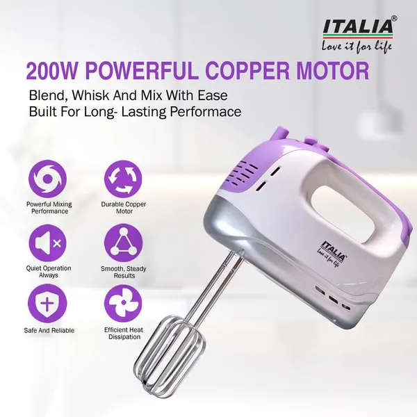 ITALIA_200W_Electric_Hand_Mixer_|_5_Speed_Control_&_Turbo_Button_|_with_2_Beaters_&_2_Dough_Hooks_|_for_Cake_Mixing,_Cream_Beating_&_Dough_Kneading