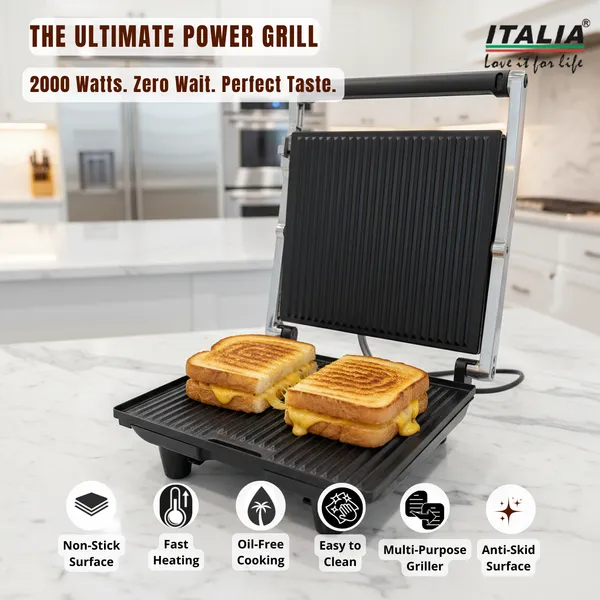 ITALIA_2000W_High-Performance_Grill_Maker_|_Rapid_Heating,_Non-Stick_Plates,_Stainless_Steel_Body,_Safety_Lights,_Cool-Touch_Handle,_Multi-Purpose_Sandwich_&_BBQ_Griller_|_1_Year_Warranty