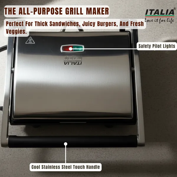 ITALIA_2000W_High-Performance_Grill_Maker_|_Rapid_Heating,_Non-Stick_Plates,_Stainless_Steel_Body,_Safety_Lights,_Cool-Touch_Handle,_Multi-Purpose_Sandwich_&_BBQ_Griller_|_1_Year_Warranty