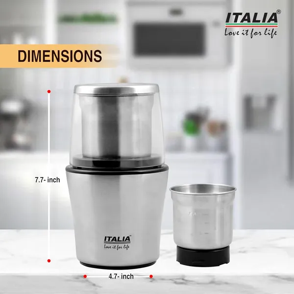 ITALIA_Wet_&_Dry_Grinder_|_200W_Electric_Coffee_Bean_Grinder,_Spice,_Herb,_Nut,_Masala_Mill_with_4-Blade_(Wet)_&_2-Blade_(Dry)_Detachable_Stainless_Steel_Bowl_for_Kitchen
