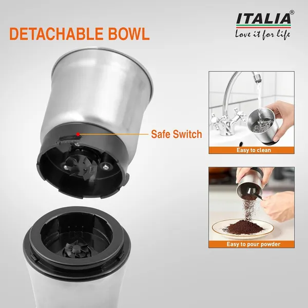 ITALIA_Wet_&_Dry_Grinder_|_200W_Electric_Coffee_Bean_Grinder,_Spice,_Herb,_Nut,_Masala_Mill_with_4-Blade_(Wet)_&_2-Blade_(Dry)_Detachable_Stainless_Steel_Bowl_for_Kitchen