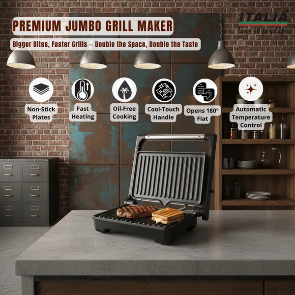 ITALIA_1500W_Jumbo_Grill_Maker_|__Open_Grill,_Non-Stick_Plates,_Fast_Heating,_Automatic_Temperature_Control,_Cool-Touch_Handle,_Multi-Purpose_Sandwich_&_BBQ_Griller_|_1-Year_Warranty