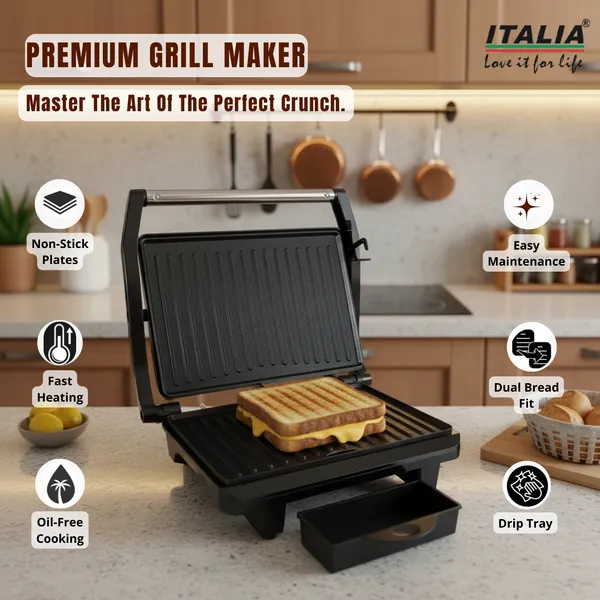 ITALIA_Premium_1000W_Electric_Grill_Sandwich_Maker_|_Non-Stick,_Oil_Drip_Tray_&_Cool_Touch_Handle_|_2-Slice_Panini_Press_|_1-Year_Warranty_|_Black_&_Stainless_Steel