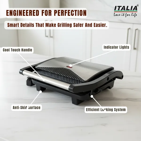 ITALIA_Premium_1000W_Electric_Grill_Sandwich_Maker_|_Non-Stick,_Oil_Drip_Tray_&_Cool_Touch_Handle_|_2-Slice_Panini_Press_|_1-Year_Warranty_|_Black_&_Stainless_Steel