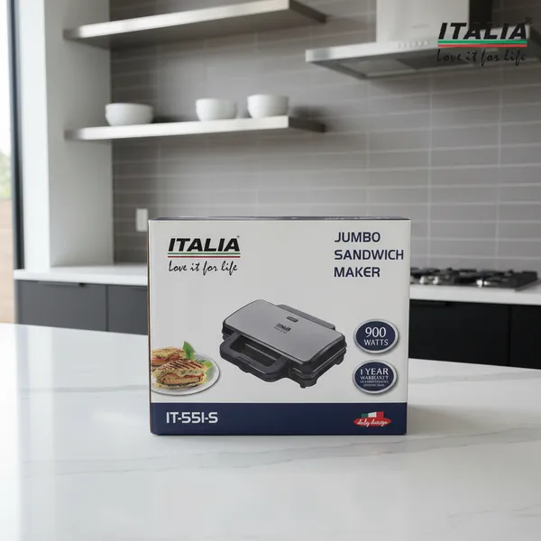 ITALIA_Premium_Jumbo_Sandwich_Maker_900W_|_Non-Stick_2-Slice_Triangle_Toaster_|_Electric_Panini_Press_with_Cool_Touch_Handle_&_Oil-Free_Cooking_|_1-Year_Warranty_|_Stainless_Steel_&_Black