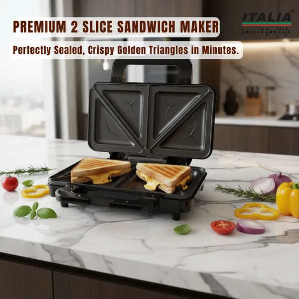 ITALIA_Premium_Jumbo_Sandwich_Maker_900W_|_Non-Stick_2-Slice_Triangle_Toaster_|_Electric_Panini_Press_with_Cool_Touch_Handle_&_Oil-Free_Cooking_|_1-Year_Warranty_|_Stainless_Steel_&_Black