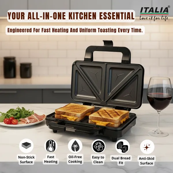 ITALIA_Premium_Jumbo_Sandwich_Maker_900W_|_Non-Stick_2-Slice_Triangle_Toaster_|_Electric_Panini_Press_with_Cool_Touch_Handle_&_Oil-Free_Cooking_|_1-Year_Warranty_|_Stainless_Steel_&_Black