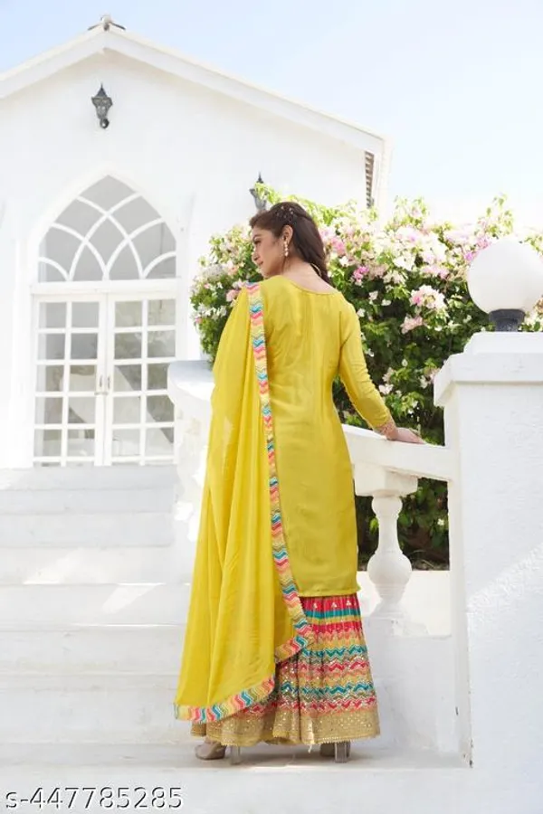 Yellow_Chinon_Fabrics_Unstitched_Suit_With_Stitched_Chinon_Sharara_For_Women