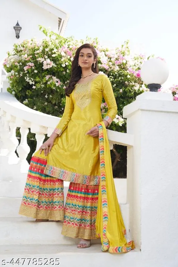 Yellow_Chinon_Fabrics_Unstitched_Suit_With_Stitched_Chinon_Sharara_For_Women