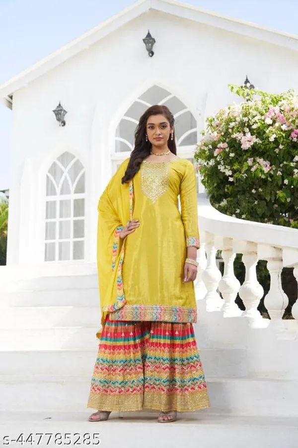 Yellow_Chinon_Fabrics_Unstitched_Suit_With_Stitched_Chinon_Sharara_For_Women