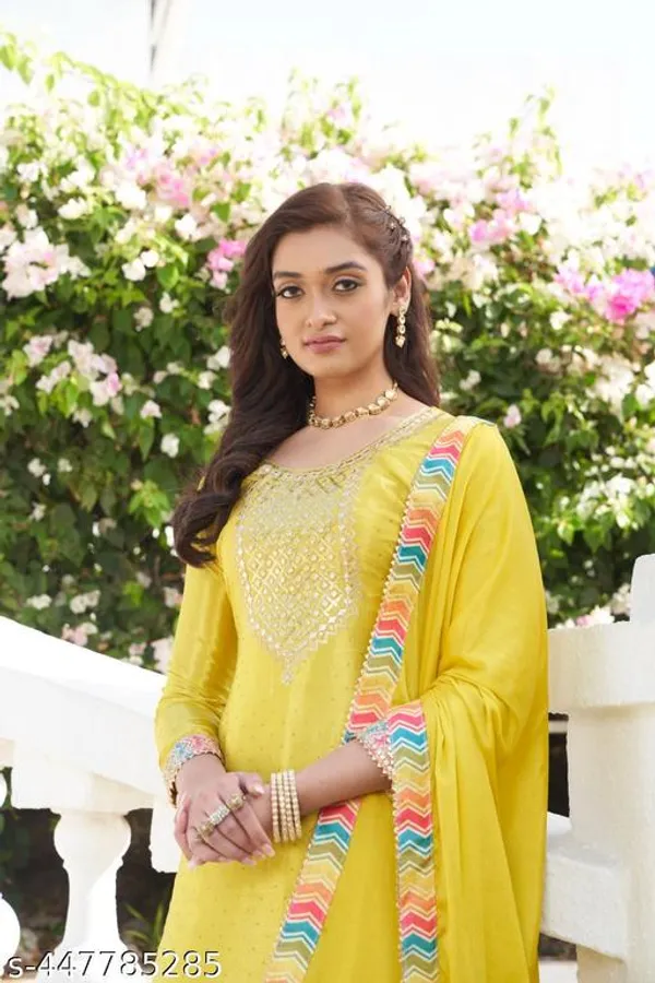 Yellow_Chinon_Fabrics_Unstitched_Suit_With_Stitched_Chinon_Sharara_For_Women