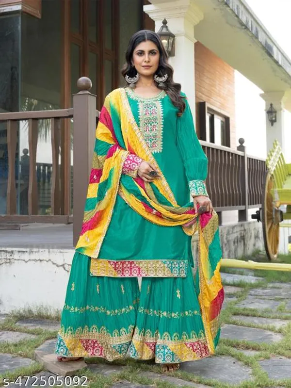 Blue_Chinon_Fabrics_Unstitch_Suit_With_Stitched_Chinon_Gharara_And_Chinon_Dupatta_For_Women