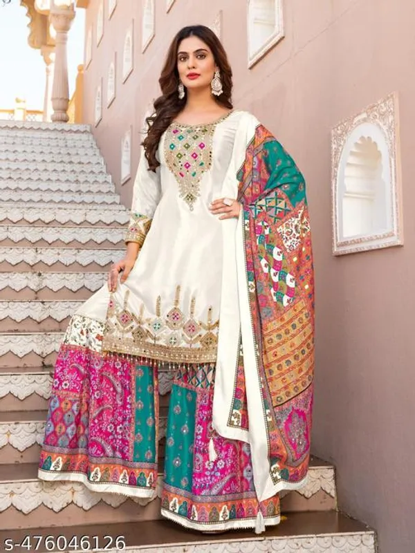 White_Unstitched_Suit_With_Stitched_Chinon_Sharara_And_Chinon_Dupatta_For_Women